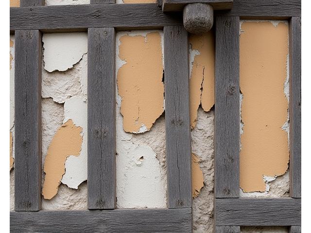 Fassade eines Fachwerkhauses vor der Restaurierung, beschädigt