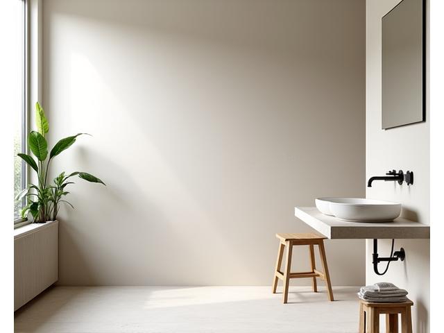Modernes Badezimmer mit feuchtigkeitsregulierendem Lehmputz an den Wänden