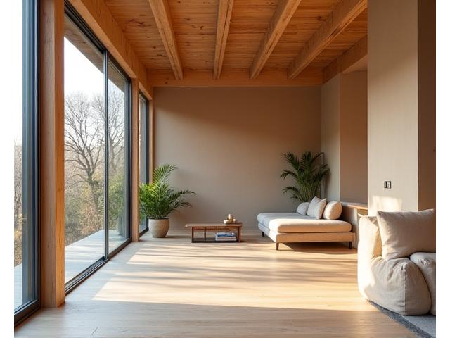 Modernes Einfamilienhaus mit Holzbalken und Lehmwänden